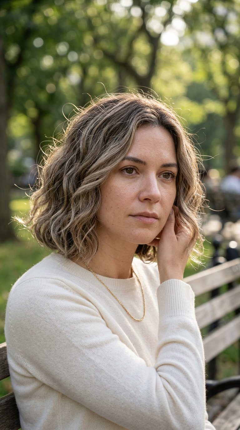 chin-to-shoulder bob haircut in mushroom bronde with cool ash-beige highlights, diffused layers — bohemian