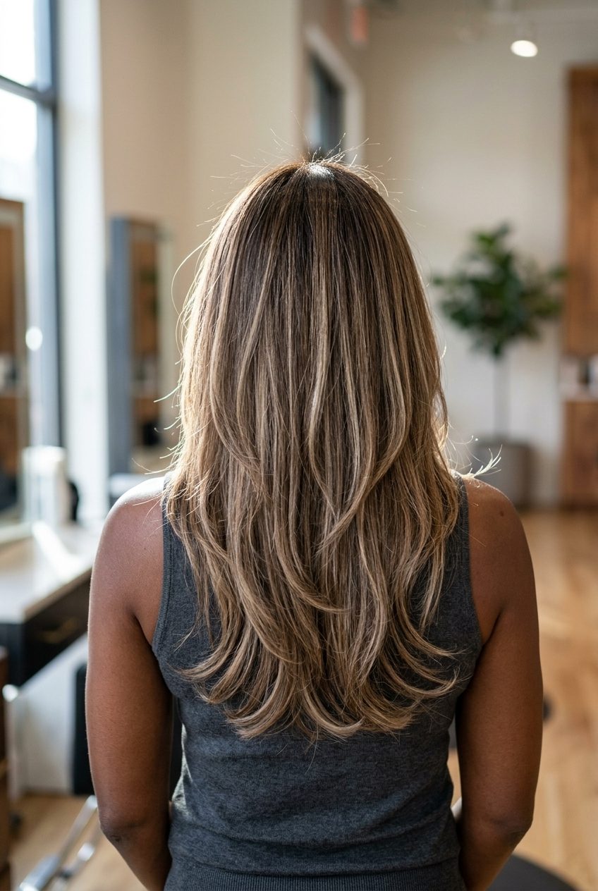 long layered haircut with mushroom bronde balayage, beige and caramel highlights for effortless style