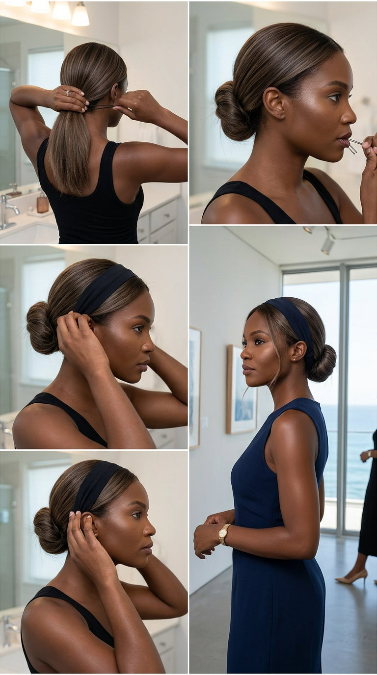 long mushroom bronde hairstyles with chic low bun and headband for professional events