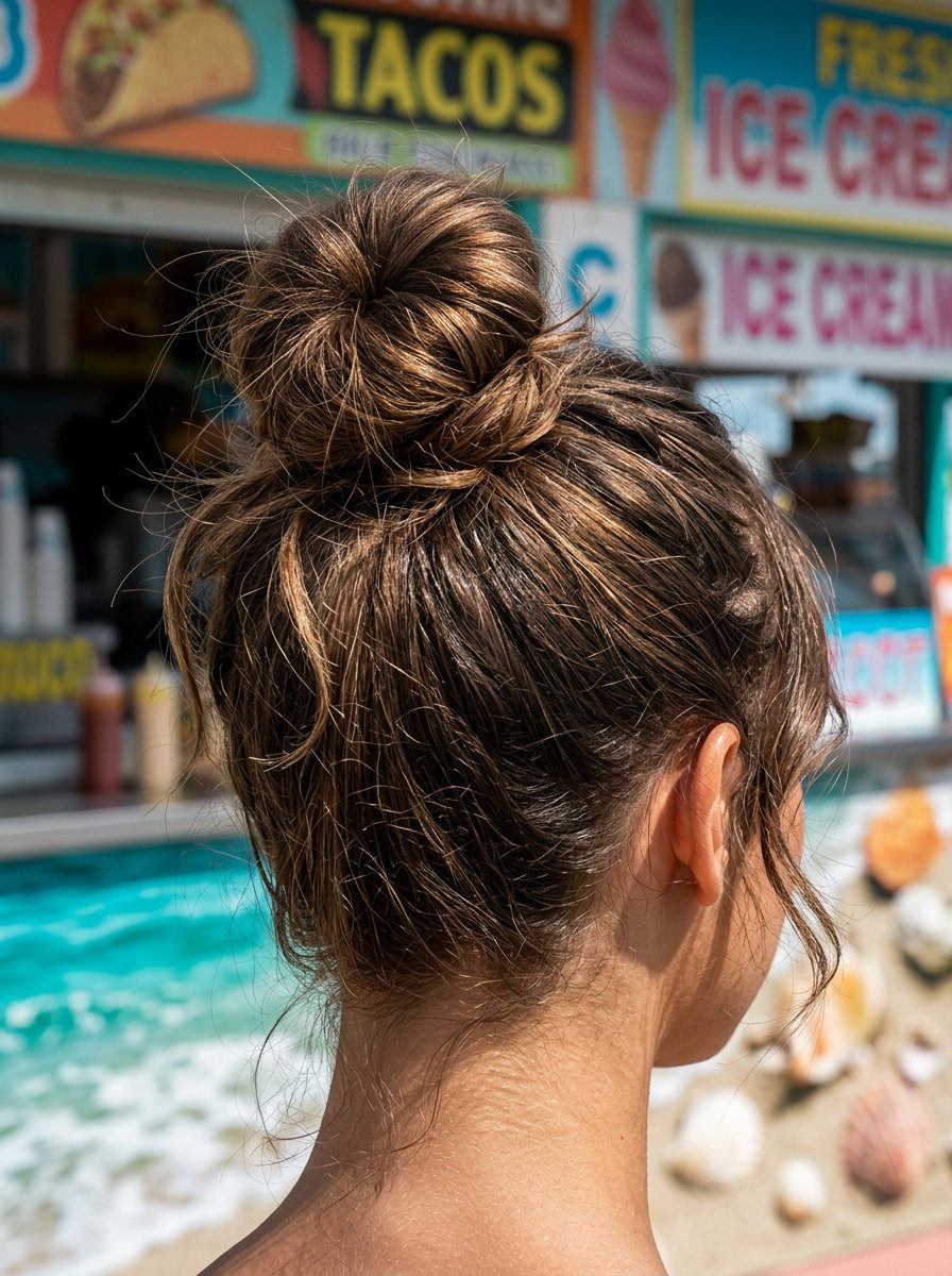 long mushroom bronde messy top knot with textured strands for casual weekends