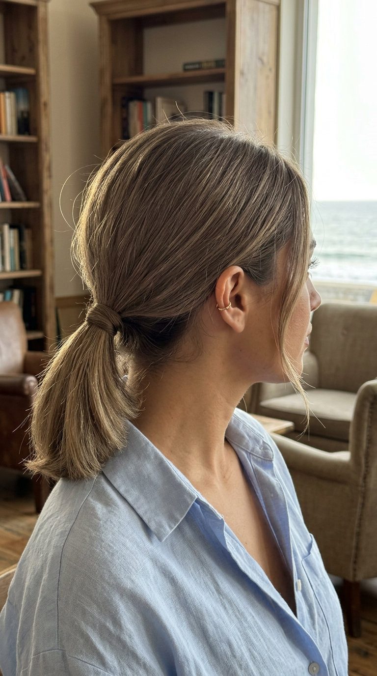 long textured ponytail with mushroom bronde color, subtle backcombing, face-framing tendrils for office
