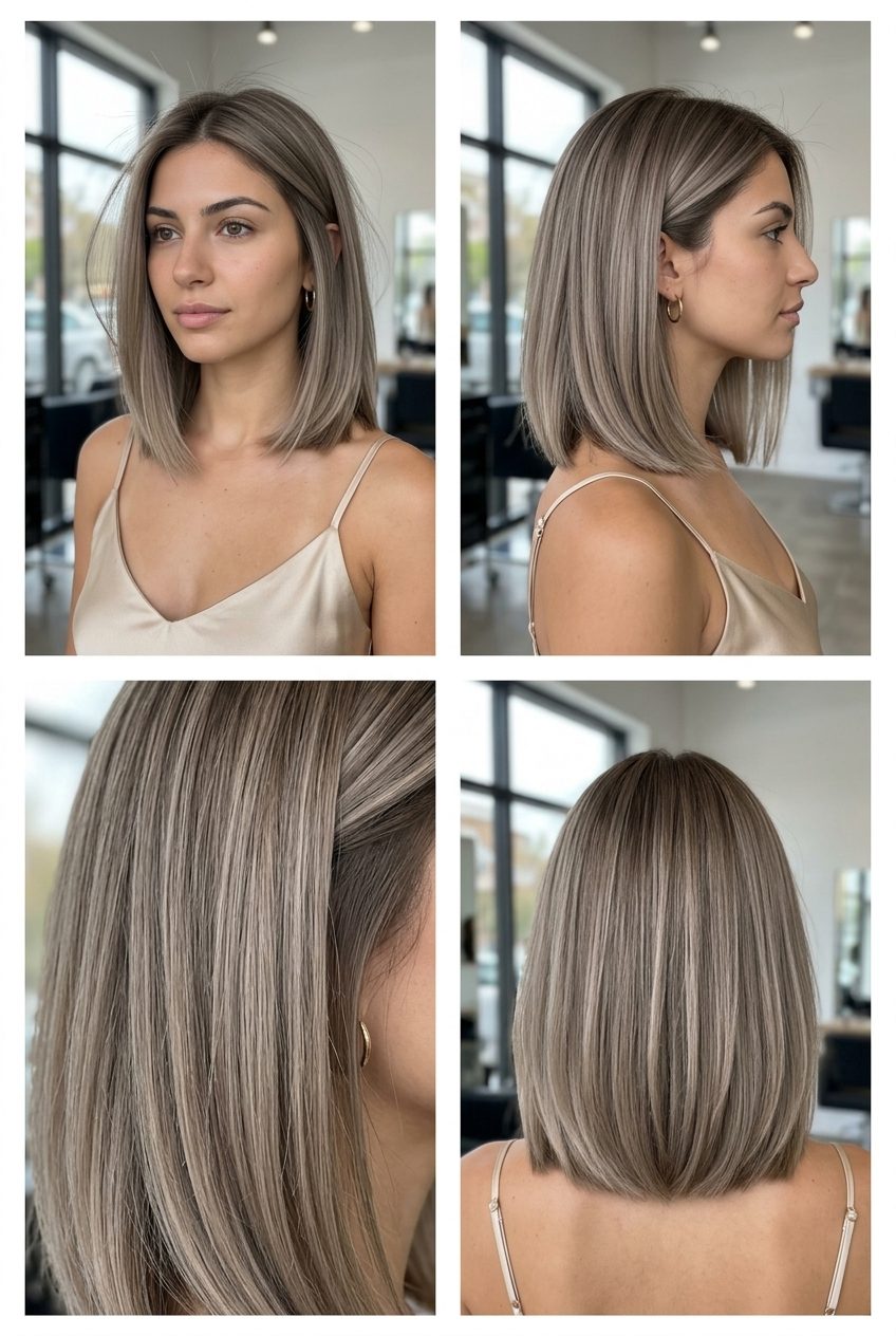 Chic Mushroom Bronde Bob 2026 medium mushroom bronde bob with cool beige ash brown, invisible internal layers for summer