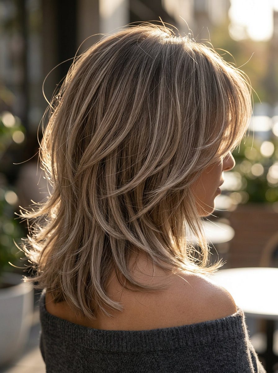 medium mushroom bronde wolf cut with bottleneck bangs and point-cut layers for brunch