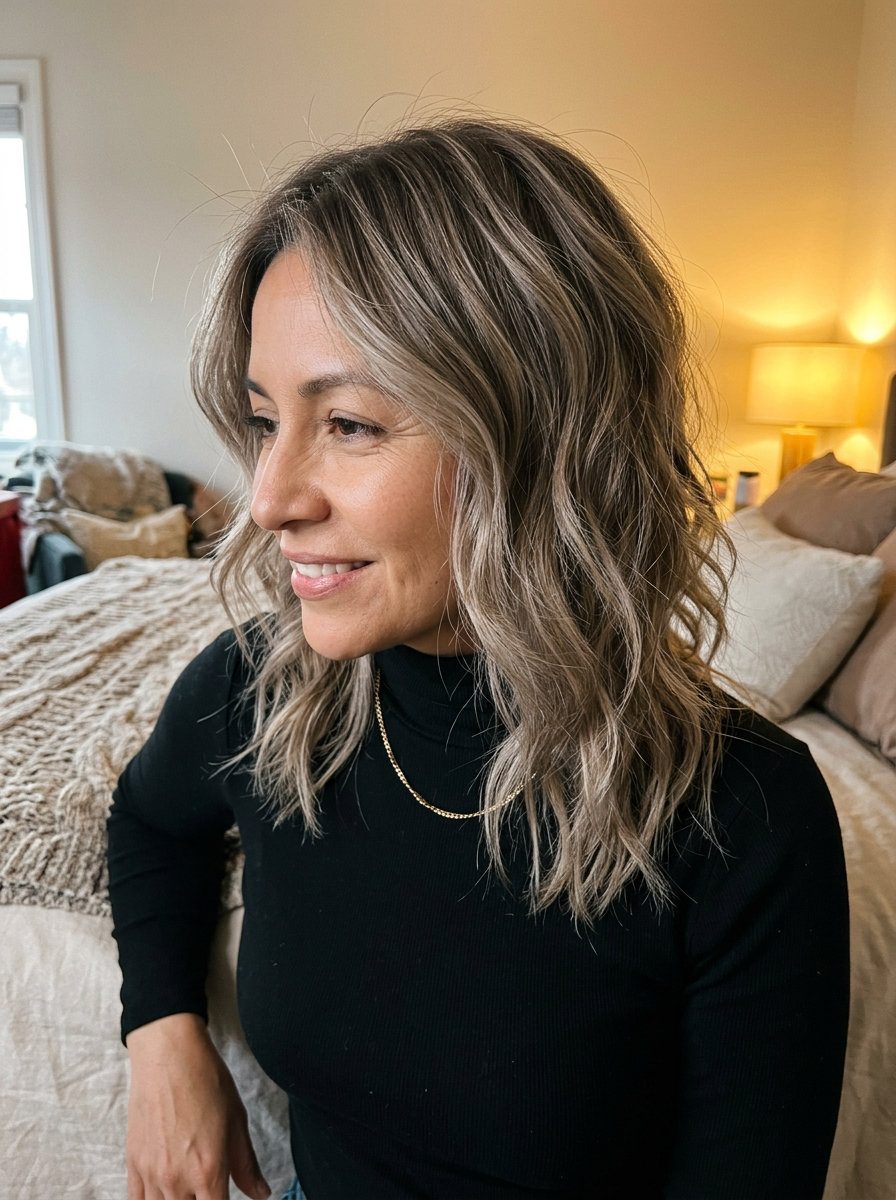 medium-length haircut in mushroom bronde with icy beige highlights, graduated layers — effortless