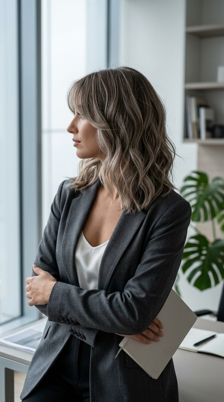 Mushroom Bronde Kitty Cut 2026 medium wavy kitty cut with mushroom bronde, cool ash undertones, face-framing pieces — sophisticated professional meeting
