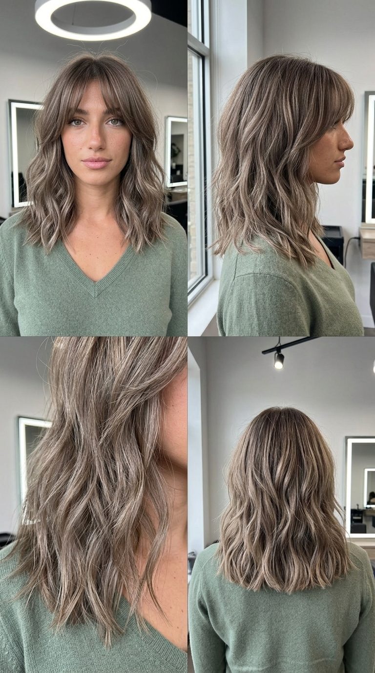 Ashy Lowlight Wavy Shag Haircut 2026 medium blunt shag wavy haircut in mushroom bronde with ashy lowlights, textured ends, brow-skimming fringe — edgy weekend style