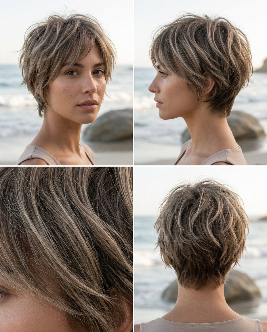 short mushroom bronde pixie with ash brown & beige blonde, textured layers, wispy bangs — effortless, modern