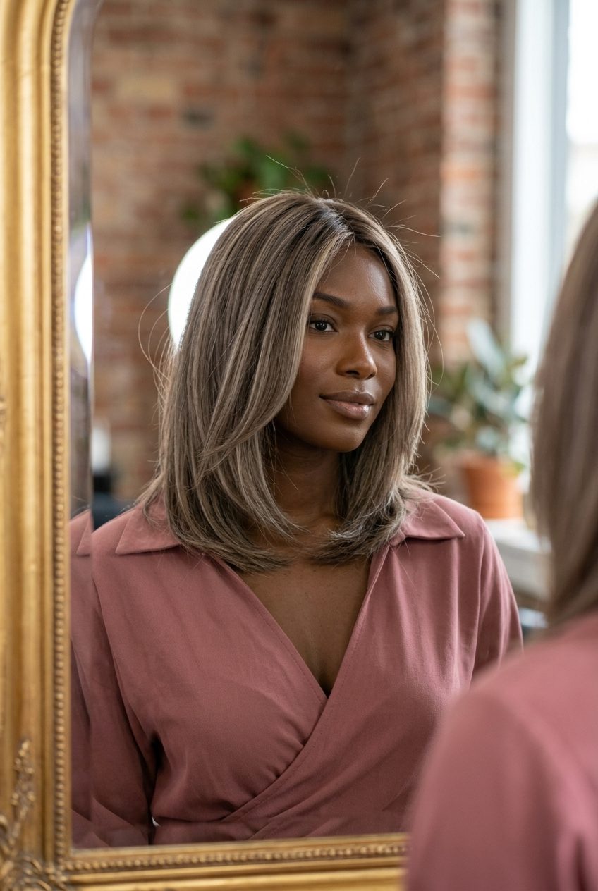 Mushroom Bronde Air Touch Balayage 2026 shoulder-length Italian bob mushroom bronde balayage with ashy brown & beige blonde, air touch technique — chic professional look