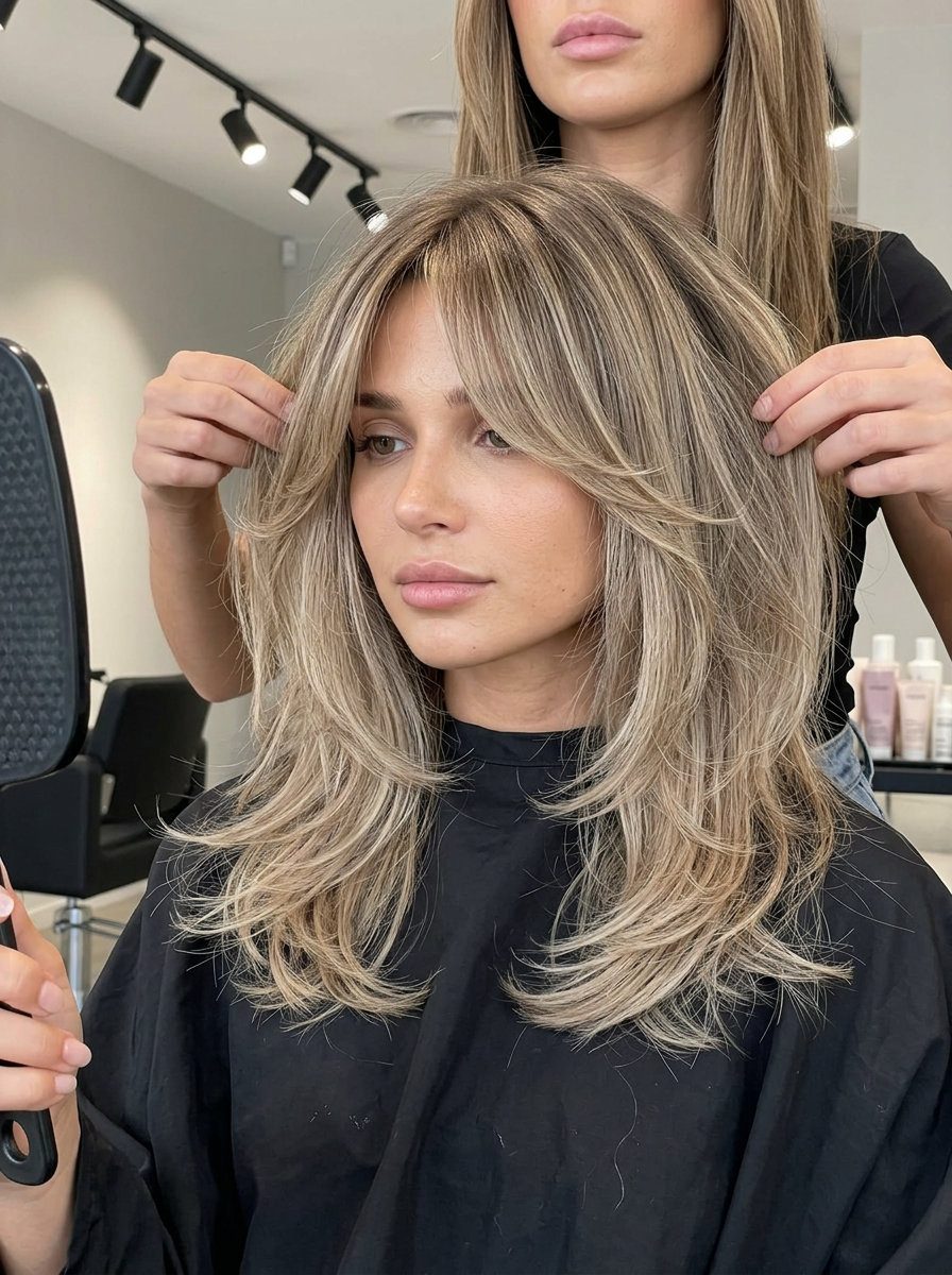shoulder-length shag haircut in mushroom bronde with beige balayage, long curtain bangs, point-cut layers — playful bohemian