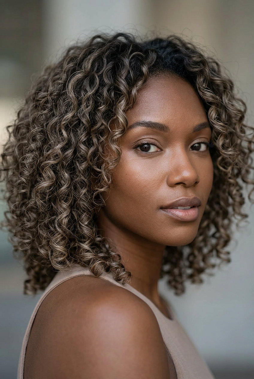 Mushroom Bronde Curls: Shoulder Length 2026 shoulder-length textured cut with mushroom bronde ash beige tones, defined curls for summer