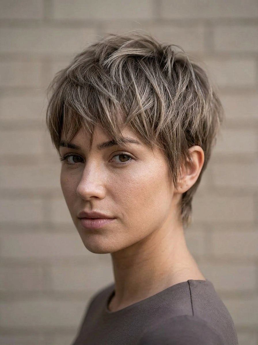Urban Bronde Shard Pixie Haircut 2026 very short razor-cut pixie haircut in cool mushroom bronde with textured layers and choppy fringe for urban style