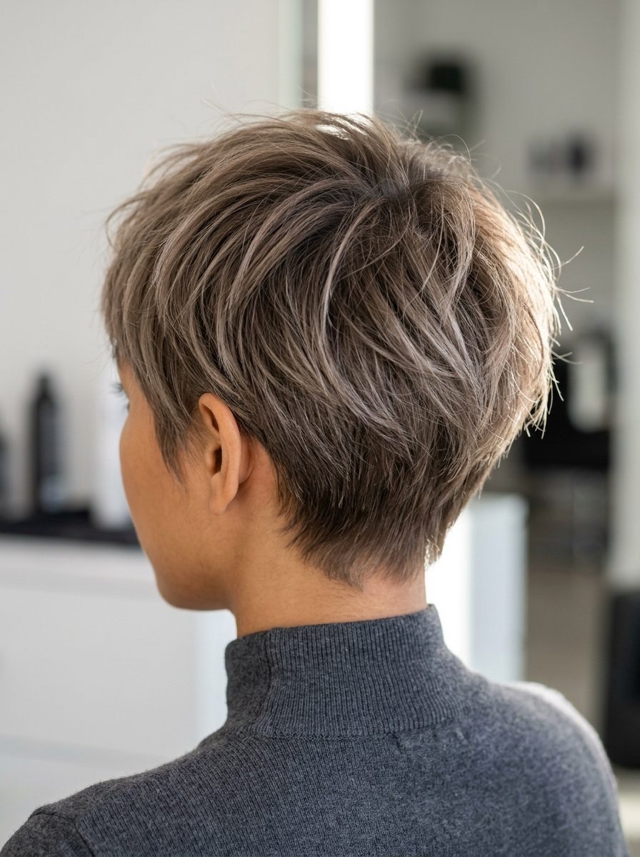 Mushroom Bronde Textured Pixie Crop 2026 very short pixie crop haircut in cool mushroom bronde with ash highlights and soft fringe for effortless style