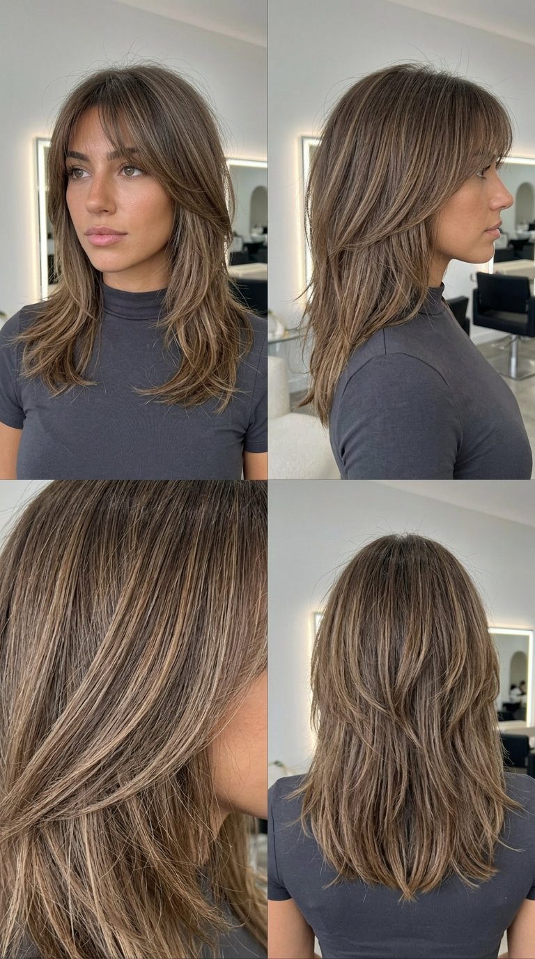 medium shag mushroom bronze with ash brown root, textured layers, wispy fringe for festival