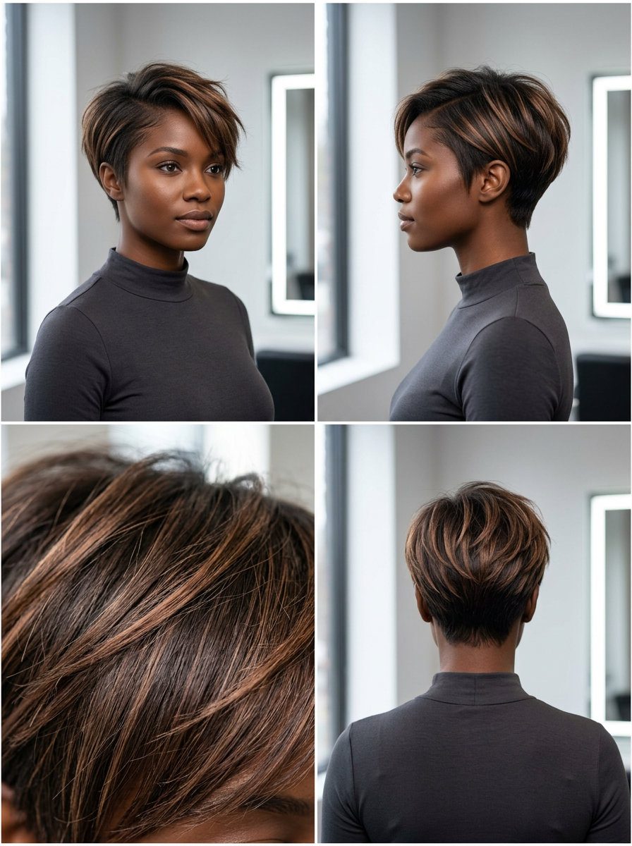 Mushroom Bronze Crop 2026 short mushroom bronze crop with metallic bronze highlights and asymmetric texture — edgy & artistic