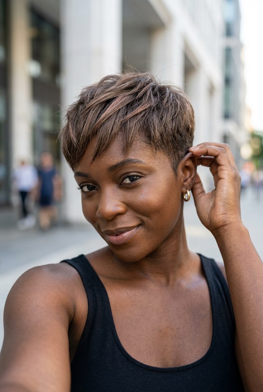 Mushroom Bronze Pixie 2026 short mushroom bronze pixie cut with metallic ribbons and razored texture — edgy & unique