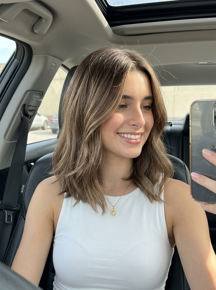 Mushroom Bronze Lob 2026: Chic Balayage shoulder-length mushroom bronze lob with metallic bronze balayage and face-framing pieces for chic daily wear