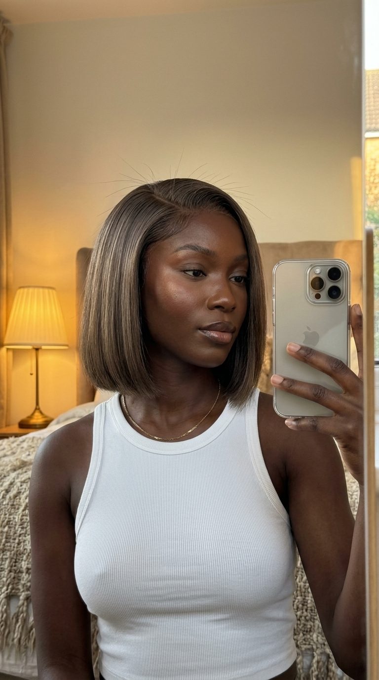 chin-length blunt bob mushroom brown with ash undertones, deep side part, polished look for work