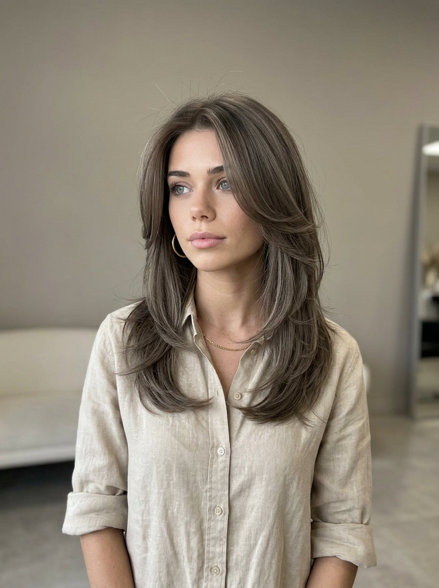 medium layered butterfly haircut in mushroom brown with ash undertones, cascading layers — luxurious flowing