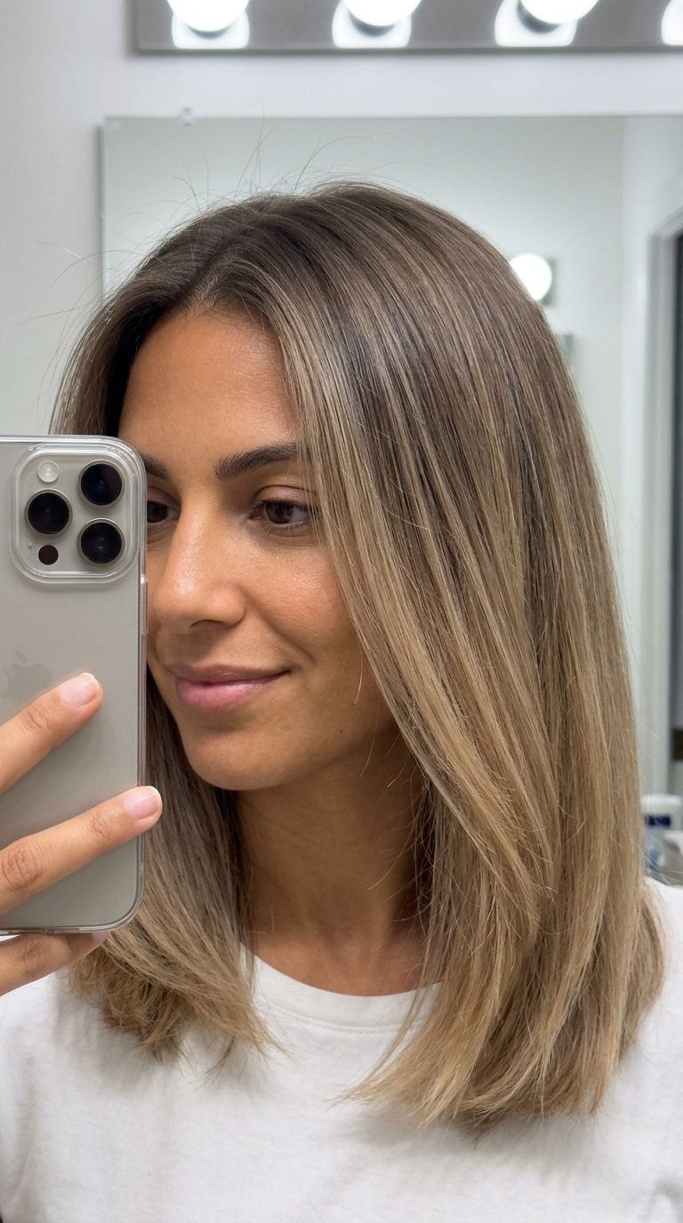 long mushroom honey root smudge with neutral blonde, root smudge, sleek blunt cut — minimalist professional style