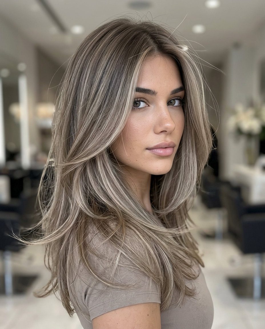 Chic Mushroom Bronde Layers 2026 long layered mushroom bronde with ash brown and beige blonde, balayage highlights — sophisticated daily wear
