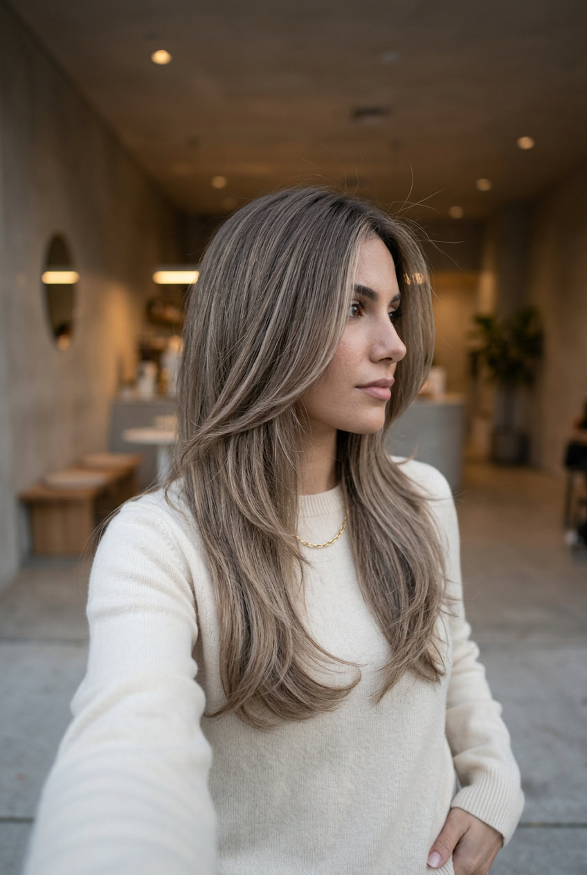 medium-length layered haircut in mushroom bronde with ash undertones for summer 2026