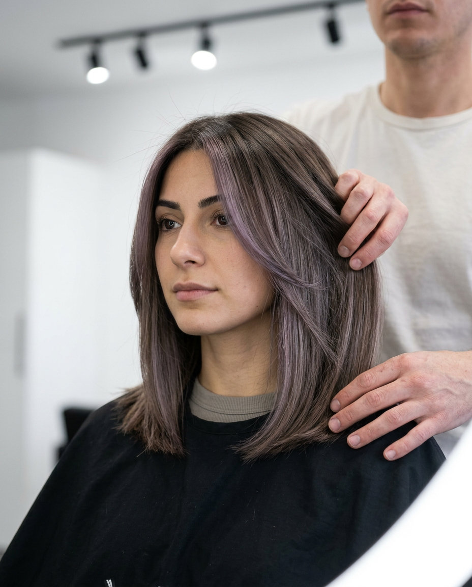 long mushroom mocha balayage with ash-violet highlights, hand-painted, no fringe — chic weekend