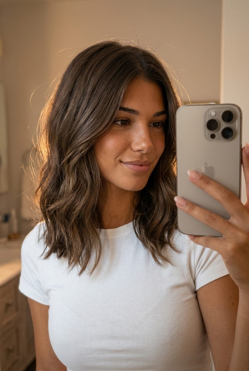 long layered mushroom mocha brunette hair color with root smudge, seamless blend technique — soft natural