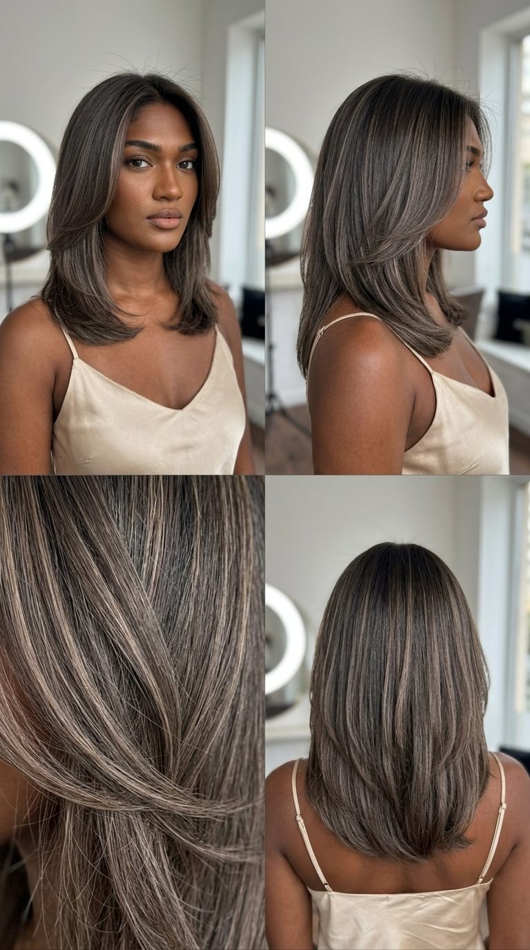 shoulder-length blunt bob mushroom mocha with ash-beige babylights, subtle root smudge — elegant professional