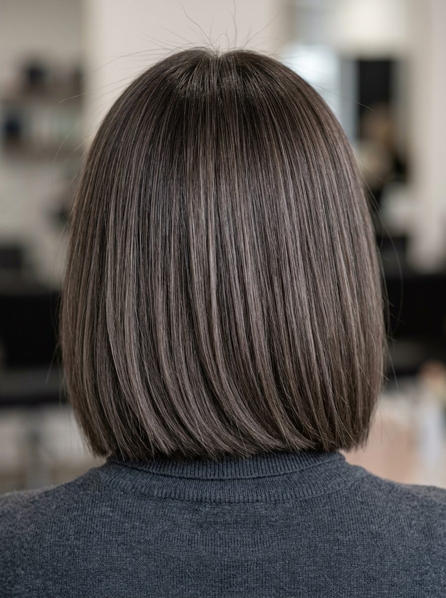 shoulder-length blunt lob mushroom mocha with ash-brown babylights, subtle root smudge — sophisticated professional