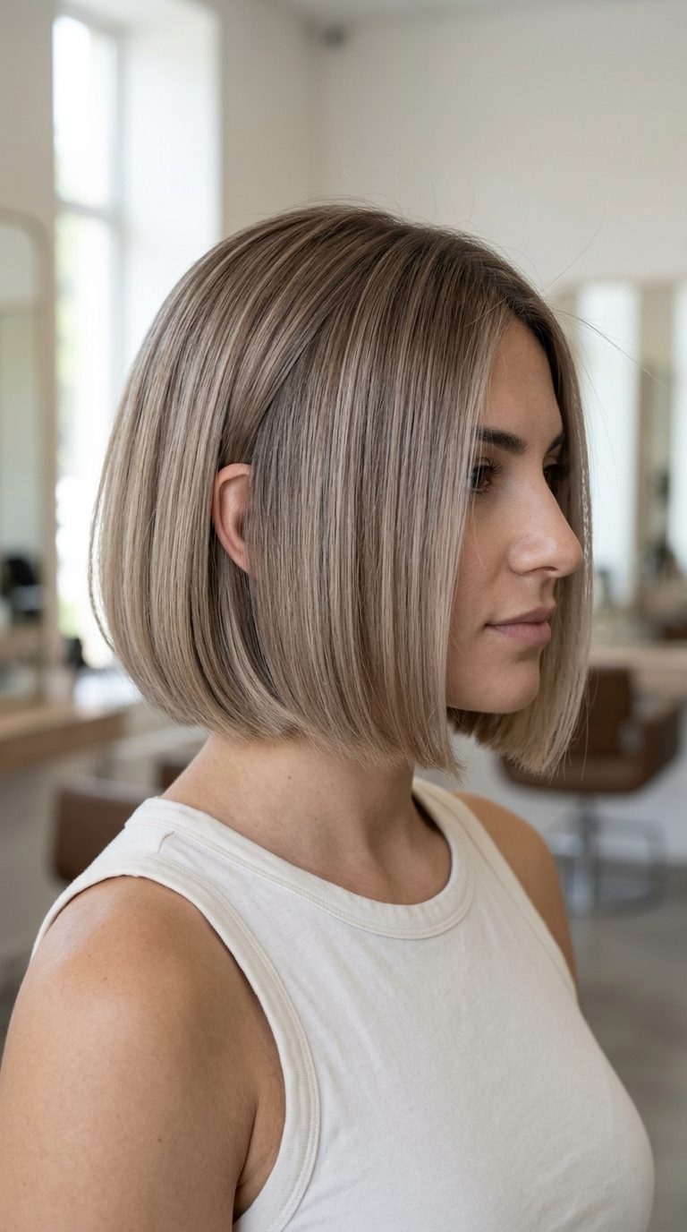 Mushroom Sand Blonde Bob 2026: Precision Cut chin-length mushroom sand blonde bob with blunt precision cut and deep side part