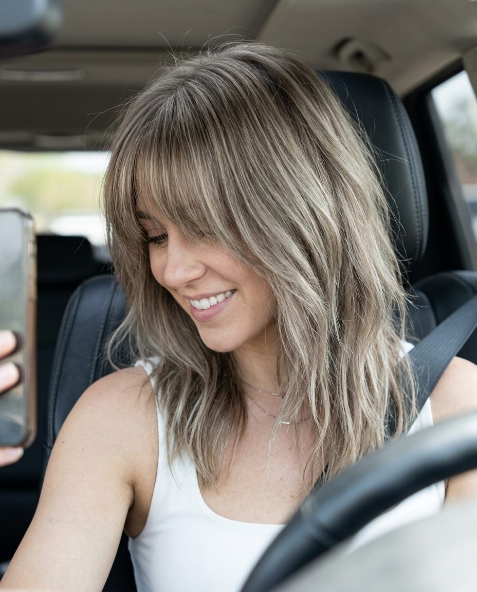 Mushroom Sand Shag: Cool Ash Blonde 2026 medium length shag with mushroom sand blonde color and heavy curtain bangs