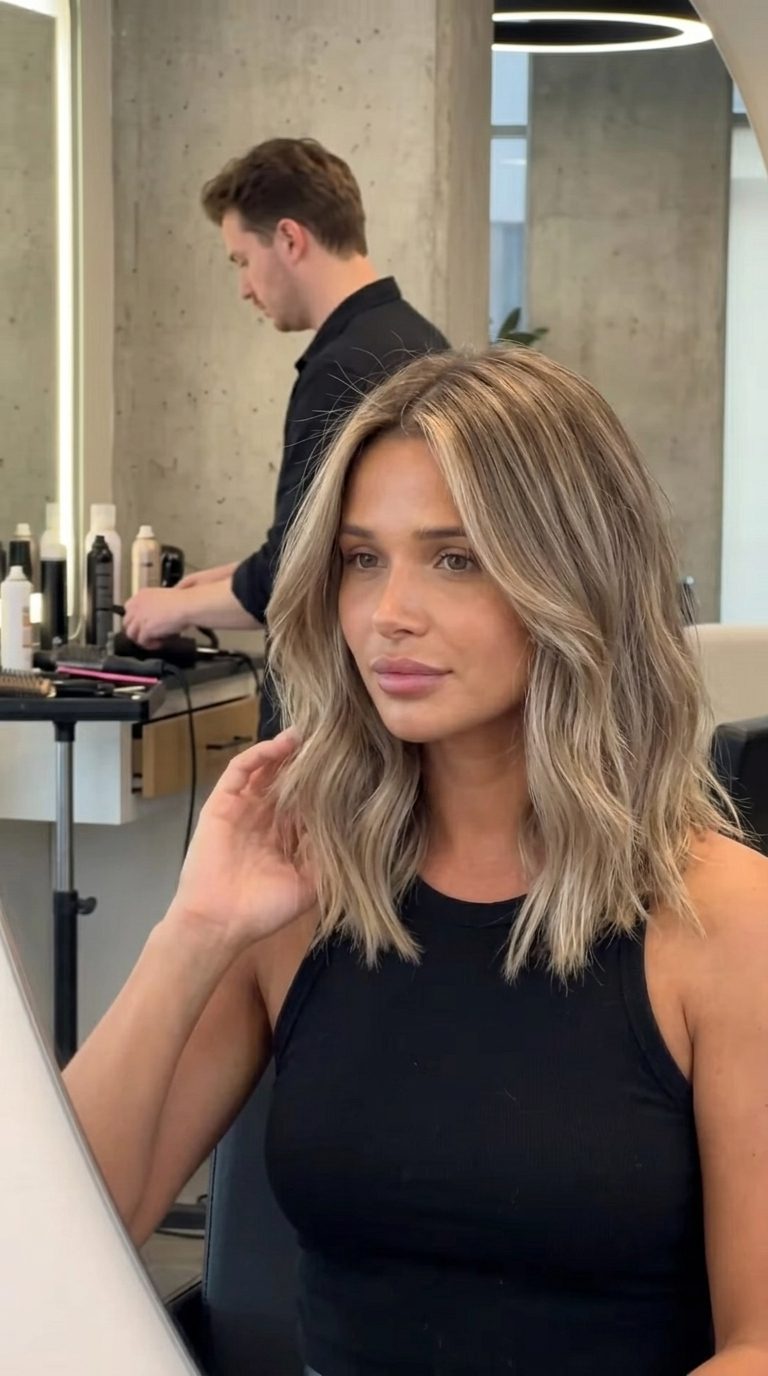 Modern Piecey Lob: Mushroom Sand Blonde 2026 shoulder-length piecey lob in mushroom sand blonde with ash lowlights and deconstructed ends