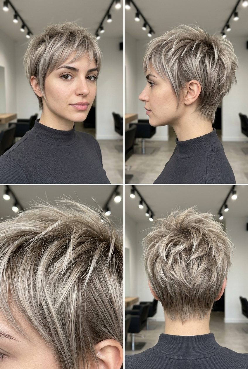 Razor Pixie 2026: Mushroom Sand Blonde very short mushroom sand blonde pixie cut with razor texture and micro-bangs
