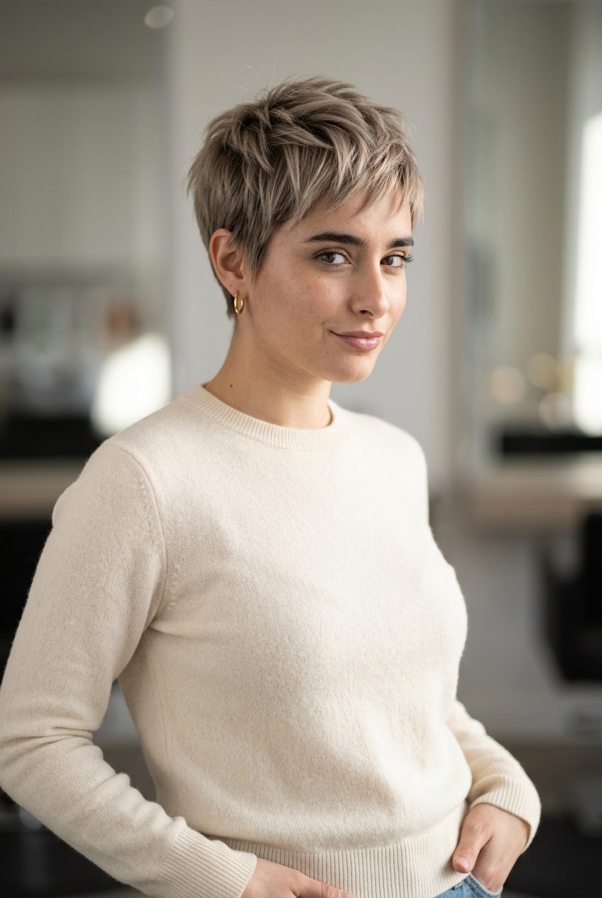 Edgy Sand Razor Pixie: Mushroom Sand 2026 very short textured pixie cut in mushroom sand blonde with cool ash undertones and wispy bangs