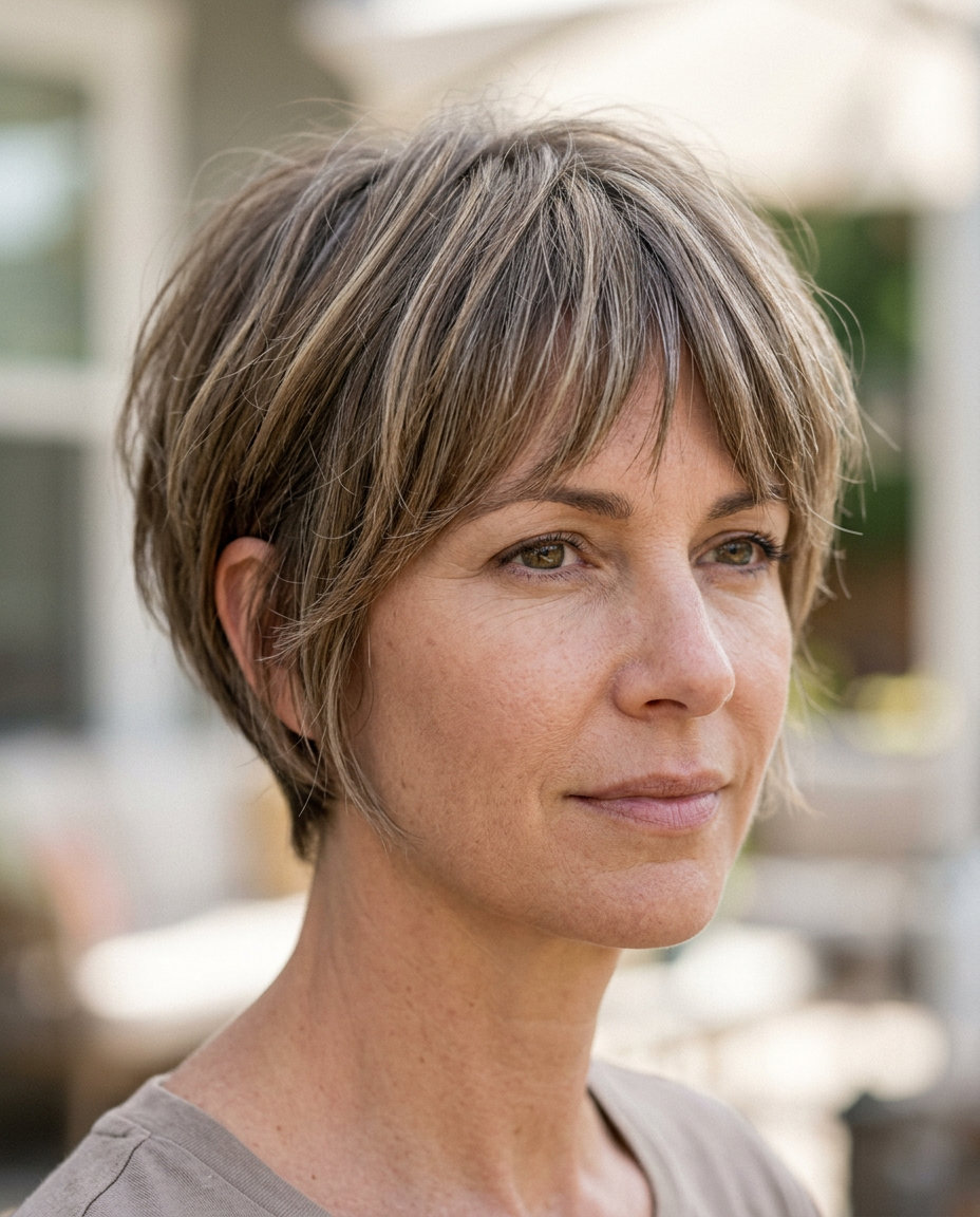 short bixie haircut in mushroom bronde with icy beige foilyage, textured layers and tapered nape for edgy modern style