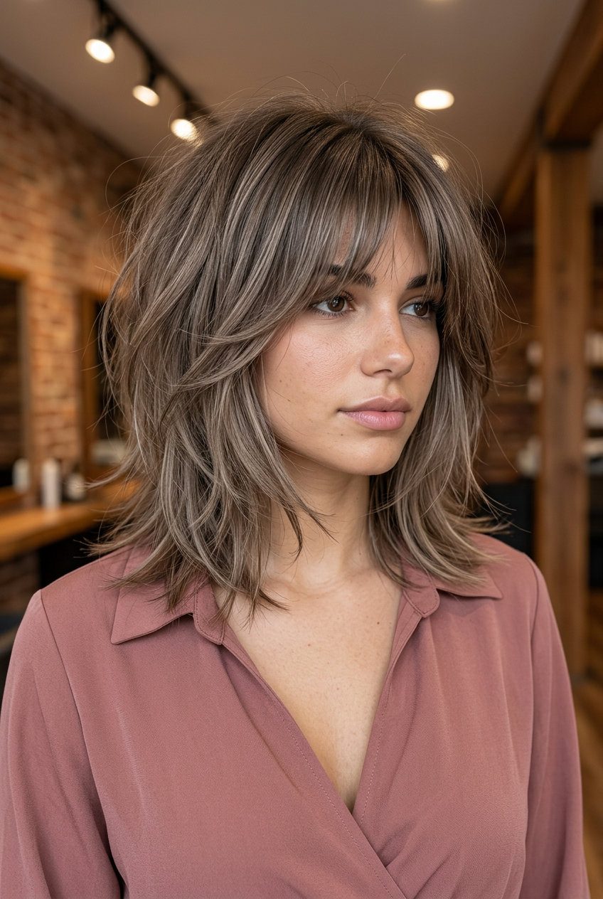 collarbone-length shag bob with mushroom taupe color, choppy layers, airy bangs — retro