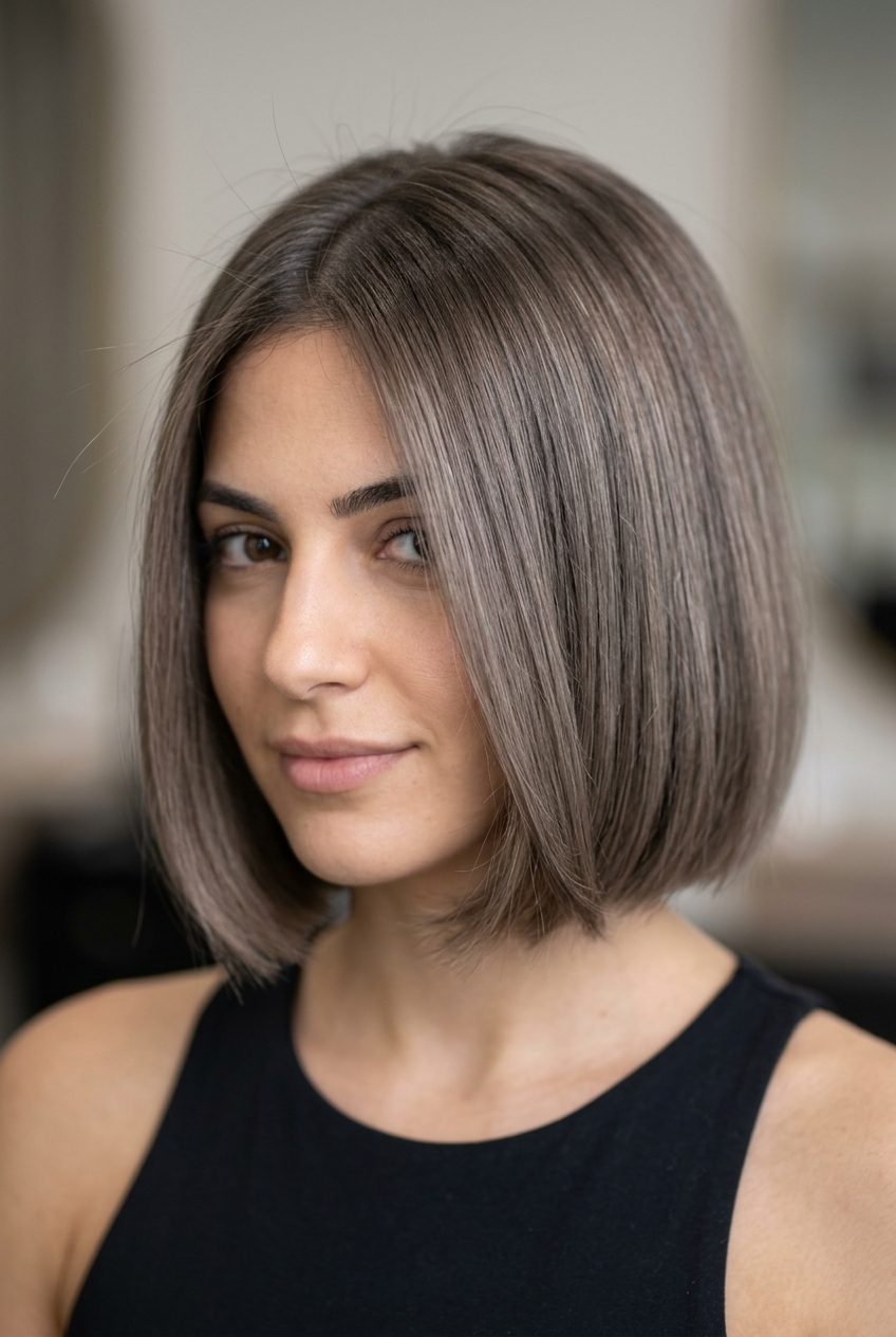 short blunt bob haircut in mushroom taupe with ash taupe undertones, zero layers — professional and chic