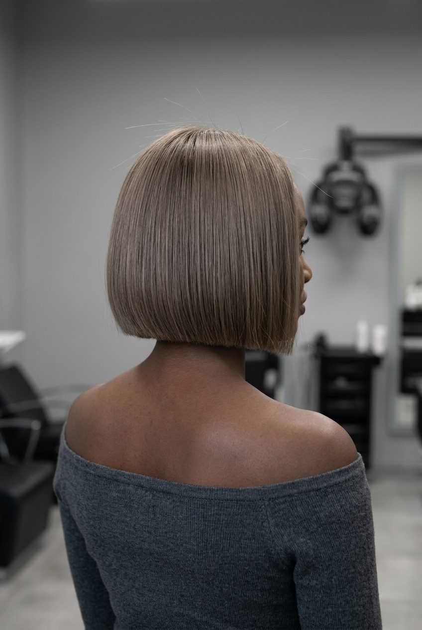 short bob haircut with mushroom taupe, blunt perimeter, no layers — professional and sophisticated
