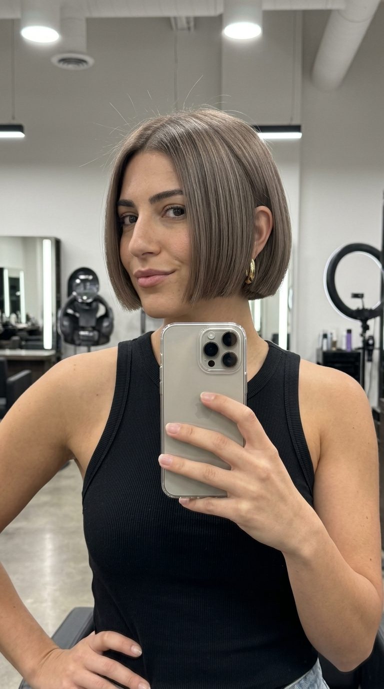 short bob haircut with cool mushroom taupe, clean neckline, no layers — minimalist and sophisticated