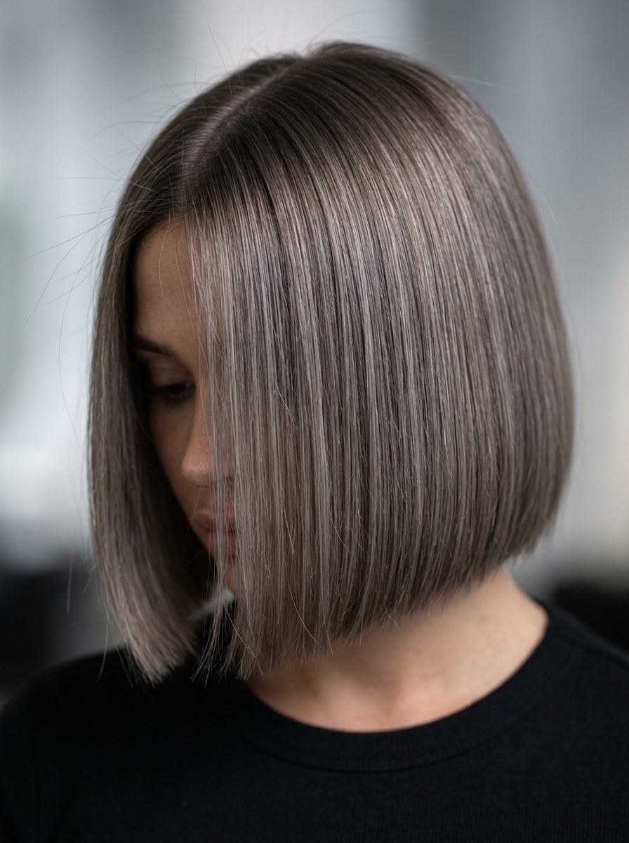 short sculpted box bob haircut in mushroom taupe with cool ash undertones, blunt cut — professional and chic