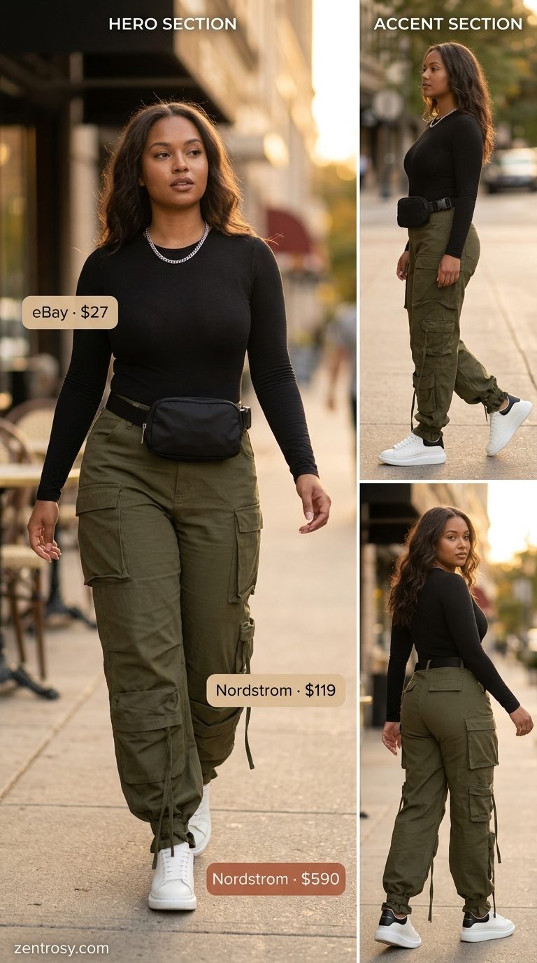 Olive green cargo pants outfit for summer wardrobe 2026. Edgy streetwear style.