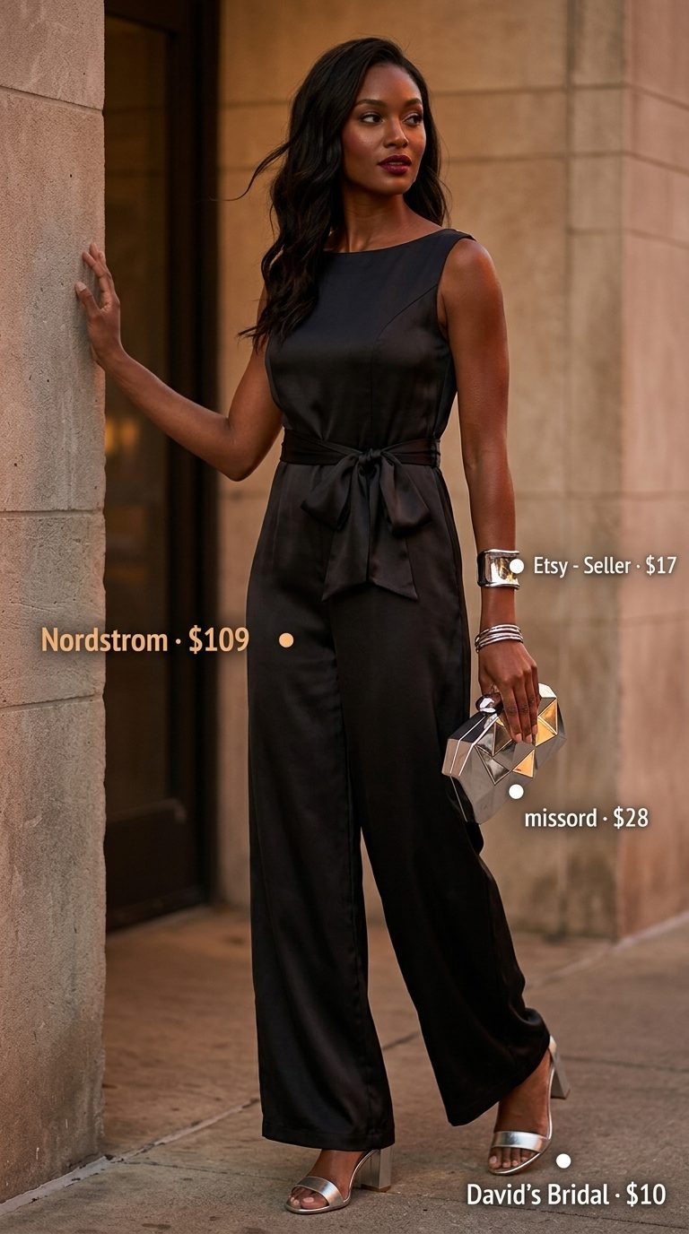Black wide-leg jumpsuit with silver accessories for summer wardrobe 2026. Sophisticated night out look.