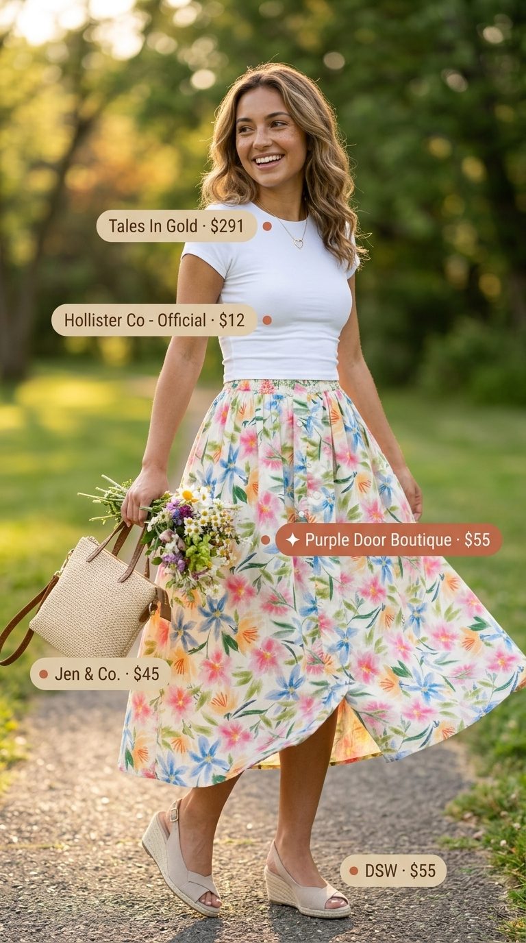 Must have trendy ideas for summer wardrobe for women 2026: Floral midi skirt, white tee, espadrilles for a casual day out.