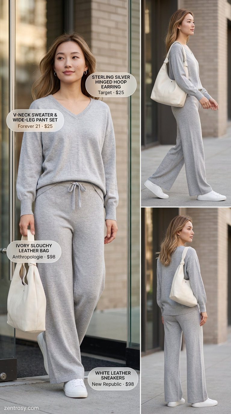 Light grey knit set outfit for women 2026: white sneakers, shoulder bag, hoop earrings.
