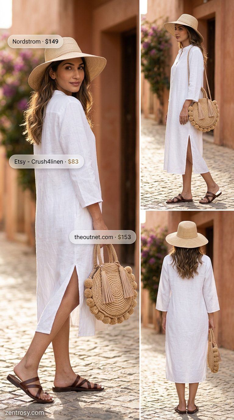 White linen shirt dress for summer wardrobe 2026. Relaxed beach day outfit.