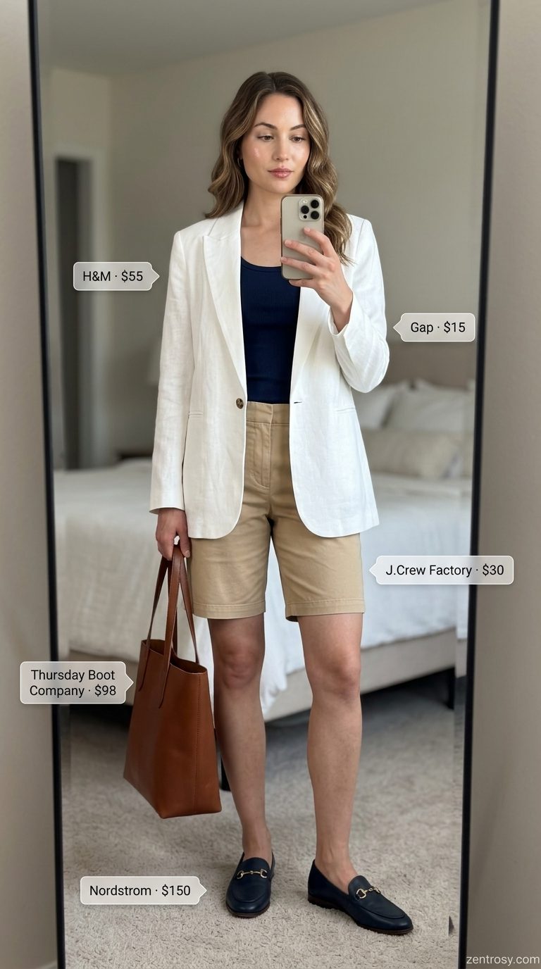 White blazer with beige shorts for summer wardrobe 2026. Polished smart casual look.