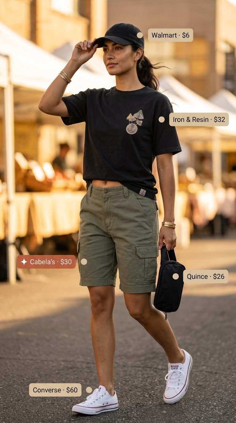Must have trendy ideas for summer wardrobe for women 2026: Olive cargo shorts, graphic tee, sneakers for a cool utilitarian vibe.