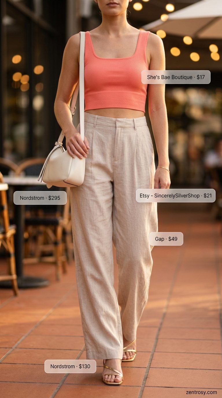 Beige tailored trousers and coral knit top outfit for summer wardrobe 2026. Chic evening look.