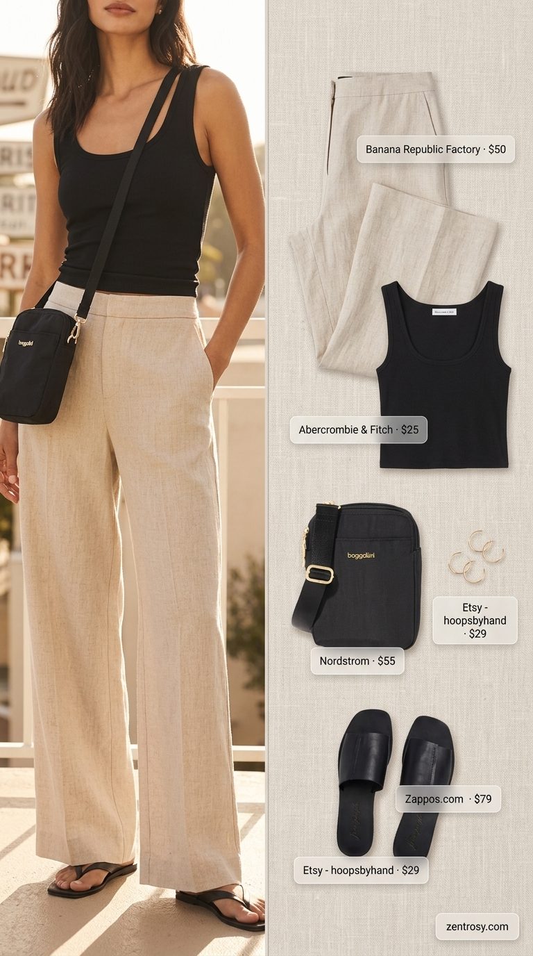 Beige wide-leg linen pants with black tank for summer wardrobe 2026. Relaxed daytime look.