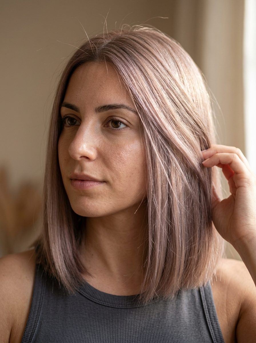long muted ash strawberry blonde with cool violet undertones, dusty rose-beige effect — minimalist sophisticated style